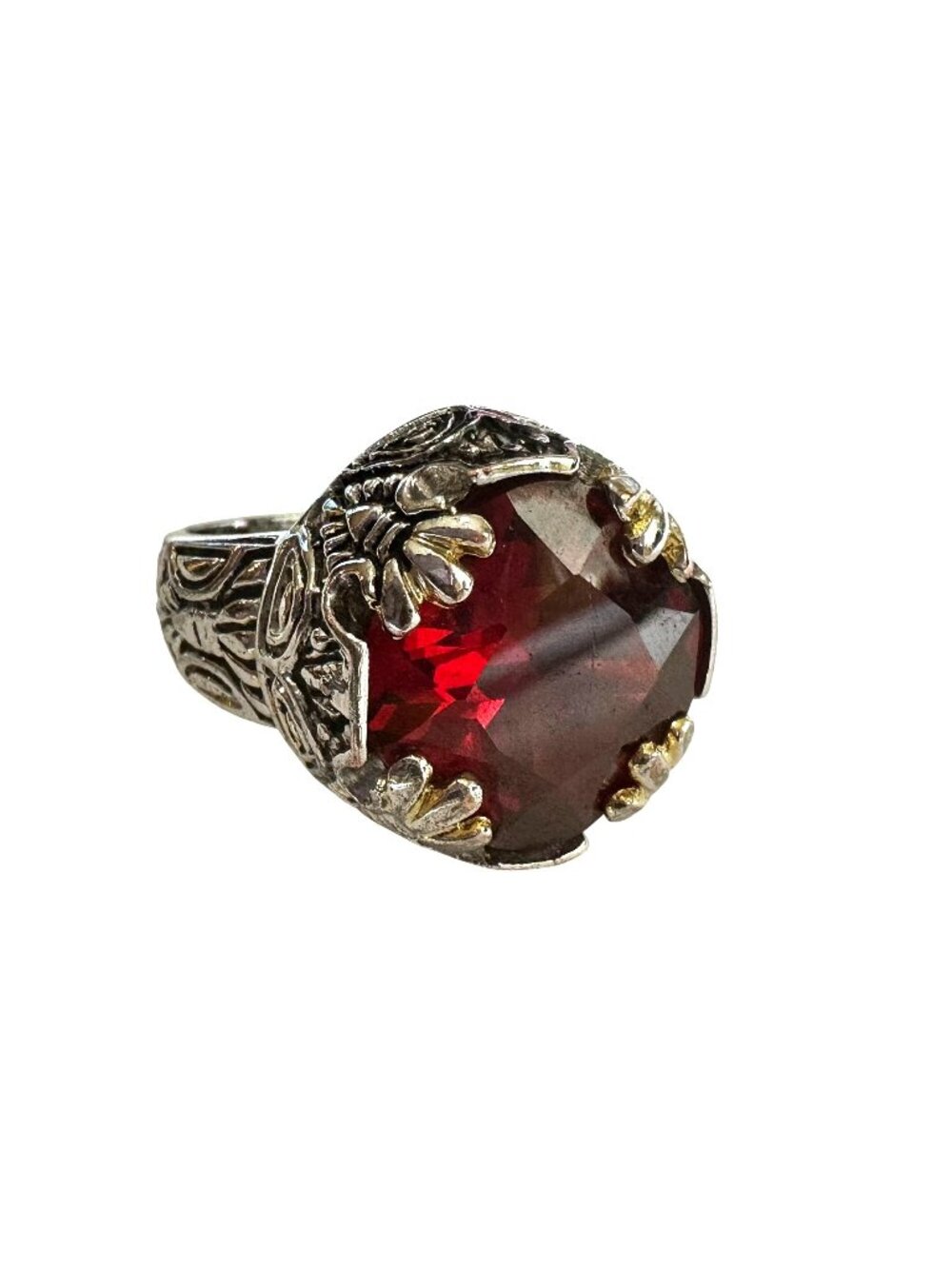 18K Gold-Plated Detailed Silver Ring With Red Faceted Stone Size 8.25